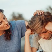 Mother talking to son